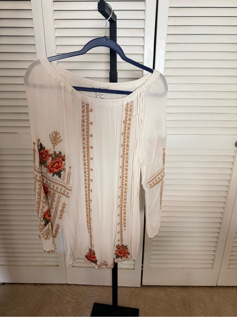Boho Off-Shoulder White Blouse with Gold and Rose Embroidery